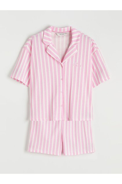 Pink Shirt Collar Striped Women's Shorts Pajama Set