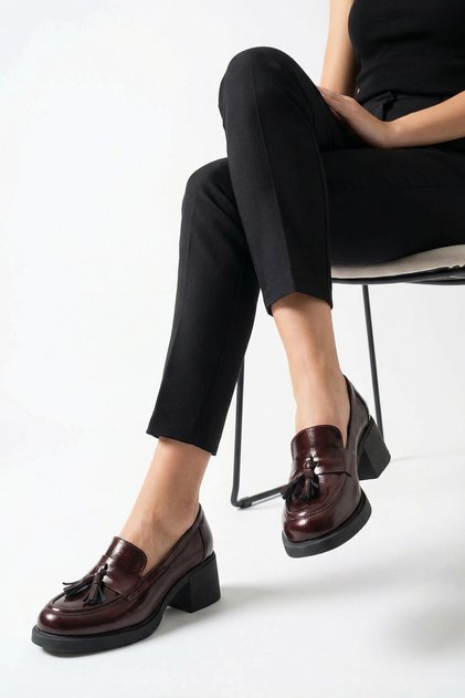 Burgundy Patent Leather Heeled Genuine Leather Women's Shoes Pompom Detailed Light Sole Leather Women's Shoes