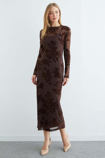 Velvet Detailed Lined Maxi Length Transparent Dress