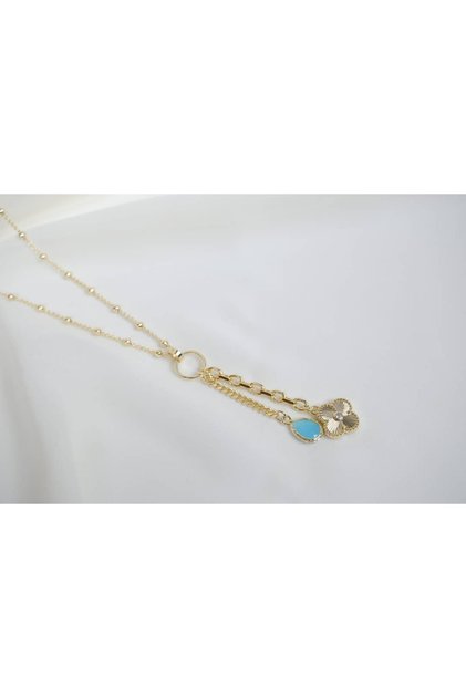 Kol214 Blue Stone and Clover Detail Multi-Chain Gold Necklace