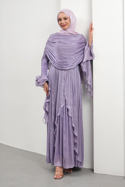 Lilac Mobile Cape Ruffled Evening Dress