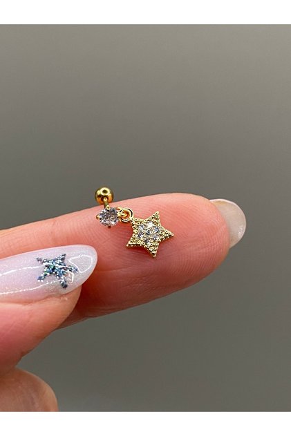 Çelik Piercing Yıldız Figürlü Zirkon Taşlı Helix Tragus Kıkırdak Lob