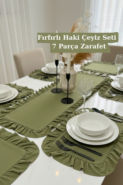 Ruffled Khaki Table Runner & Set of 6 Ruffled Square Placemats - 7-Piece Dowry Set Modern Table Elegance