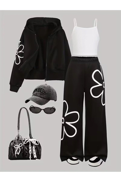 Children's Flower Printed 3-Piece Strap Crop-Jacket and Sweatpants Set