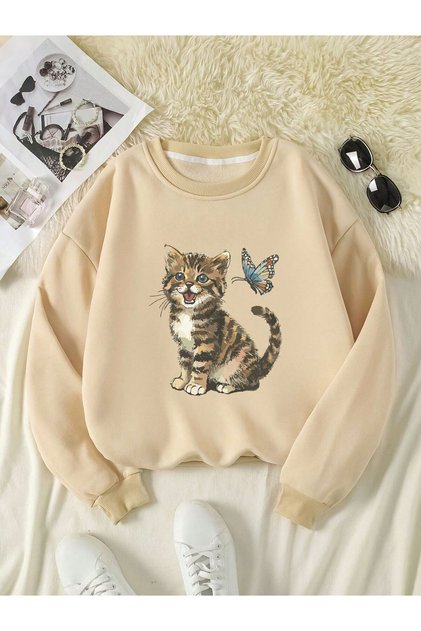 Smiling Cat and Butterfly Printed Unisex Winter Children's Sweatshirt Beige