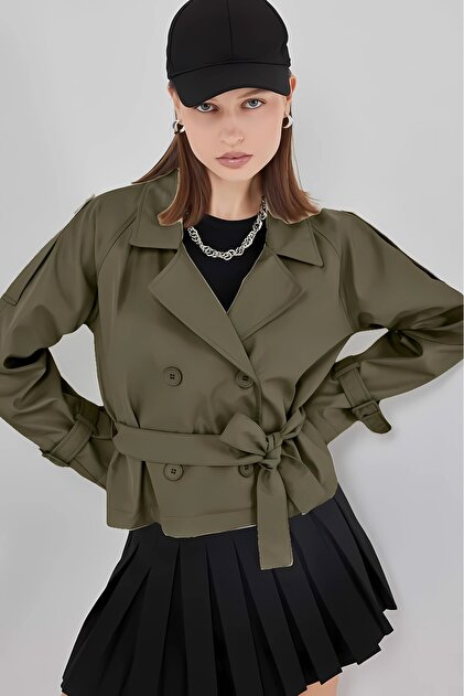 Ami K様 Yasmy Collection Kadın Haki Kruvaze Yaka Kuşaklı Astarlı Kısa