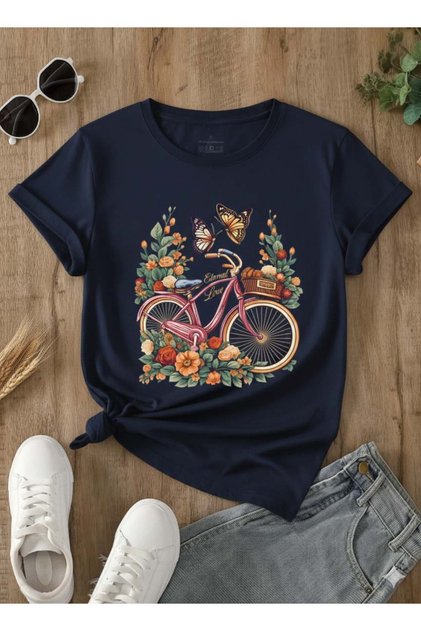 Unisex Navy Blue Floral Bicycle Printed Crew Neck T-Shirt