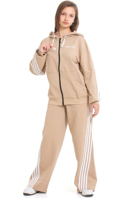 Striped Dri Fit Hooded Girls' 2-Piece Tracksuit Set - Beige