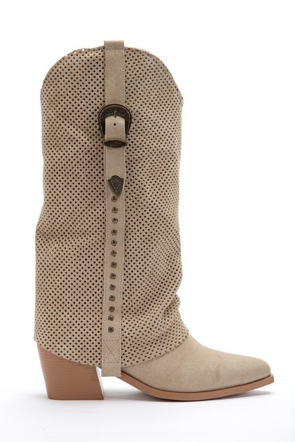 Beige Cream Skin Genuine Suede Studded Detail Cuffed Trousers Western Cowboy Boots