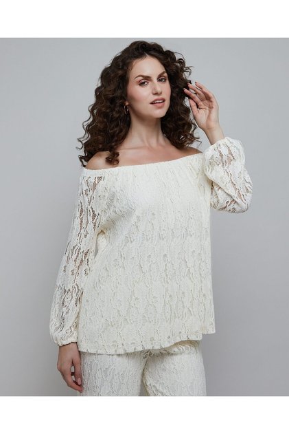 Lace Off Shoulder Top With Puff Sleeves
