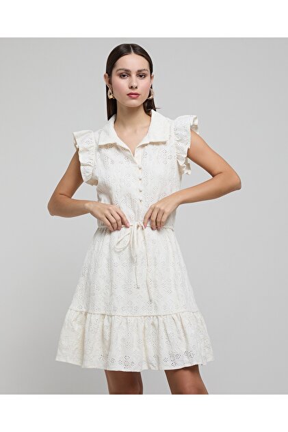 Textured Shirt Dress With Flutter Sleeves