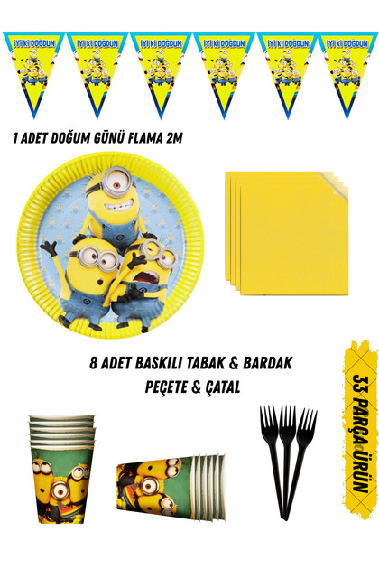 Minions Themed Birthday Party Set Plate & Cup & Napkin & Fork