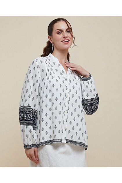 Printed Shirt With Stand Collar And Puff Sleeves
