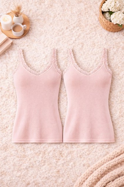 Women's Modal Cotton Powder Stretch Fabric Lace Strap 2-Piece Undershirt