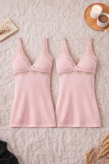 Women's Modal Cotton Stretch Fabric Lace Detailed Strap Powder 2-Piece Undershirt