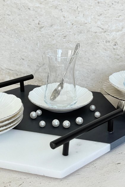 Aura Gümüş 6 kişilik 12 cm 6’lı Premium Porselen Çay Tabağı Takımı Platin İnci