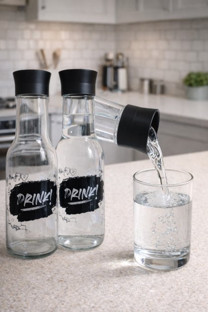 Karaf Model Drink desenli Siyah Kapaklı Cam Su Şişesi 1000 Cc (1 adet)