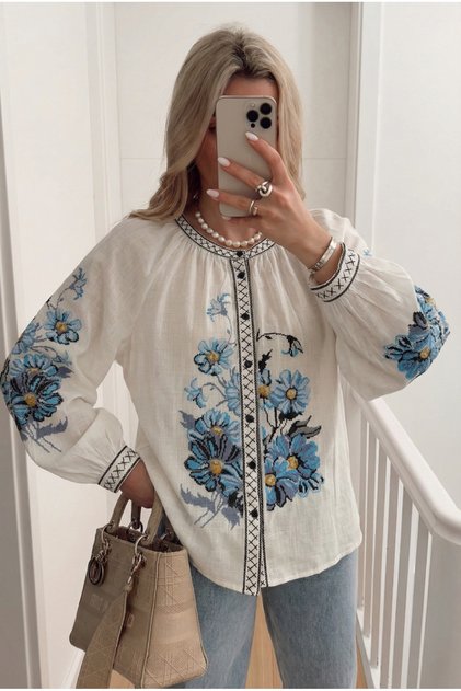Women’s Mandarin Collar Balloon-Sleeve Cotton Shirt with Floral Embroidery