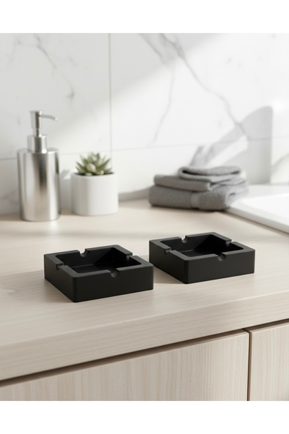 2'li Özel Tasarım Mat Siyah Kare Küllük Seti - Minimalist Dekoratif Kül Tablası