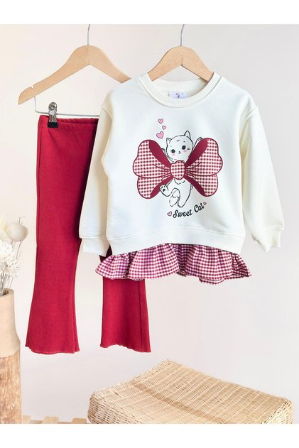 Tunic-Detail Sweatshirt with Cat Pattern Isp Flared Tli Bottom-Up Set