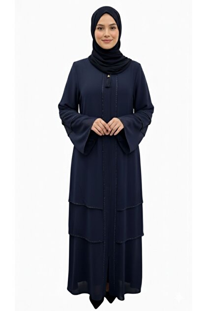 Lacivert Şifon Taş İşlemeli Fermuarlı Başörtülü Abaya