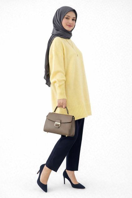Yellow Crew Neck Oversized Women's Sweater Tunic