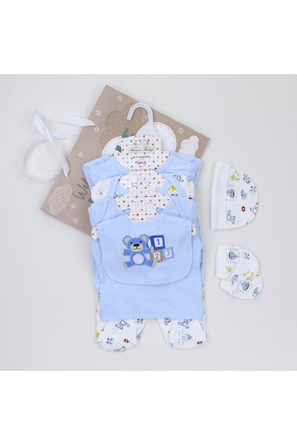 Set de 8 hainute pentru nou-nascuti cu ursulet, din Bumbac 100%, albastru