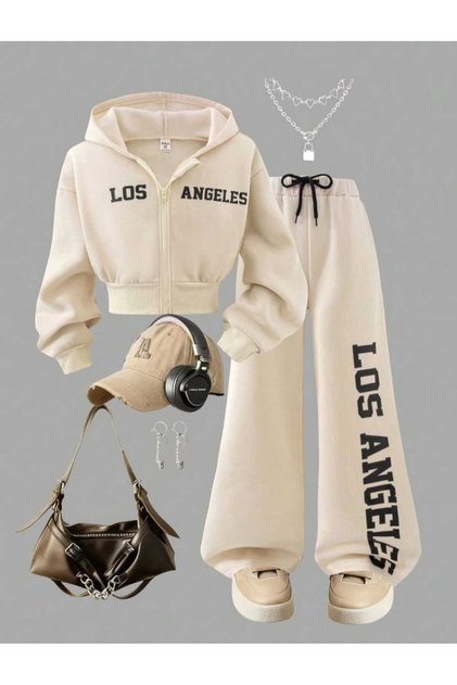 Los Angeles Printed Croplu 3-Piece Beige Winter Set