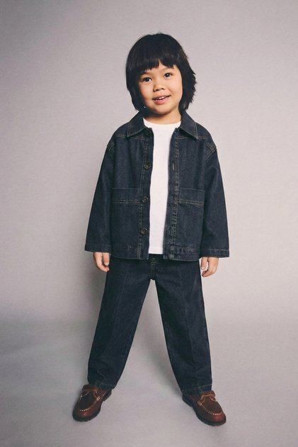 Boys' Cotton Black Jean 3-Piece Set – Buttoned Jacket, T-Shirt and Trousers