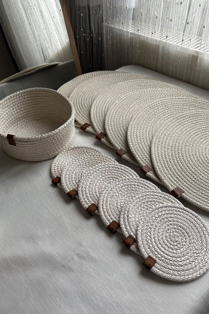 Cream American Dinnerware Set 13 Pieces - 6 Plate Placemats, 6 Cup Placemats, 1 Bread Basket