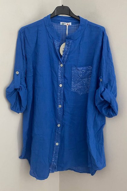 Women's Italian S Cobalt Collared Shirt with Sequin Detail, Pockets, Foldable 3/4 Sleeves, 100% Cotton Linen Shirt Blouse