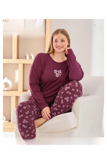 Kadın Sofya Büyük Beden Bisiklet Yaka Uzun Kol İnce Pijama Takımı 8720/3- 1 Adet