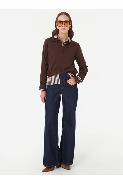 Half Placket Shirt Collar Basic Knit Sweater - Brown -