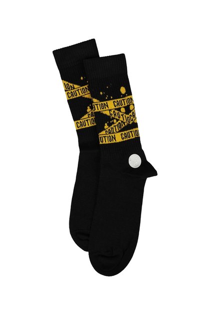 Men's Caution Patterned Corded Fabric Socks Black