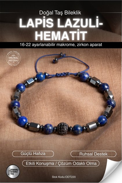 SERTİFİKALI Lapis Lazuli-Hematit Doğal Taş Makrome Bileklik ODT220