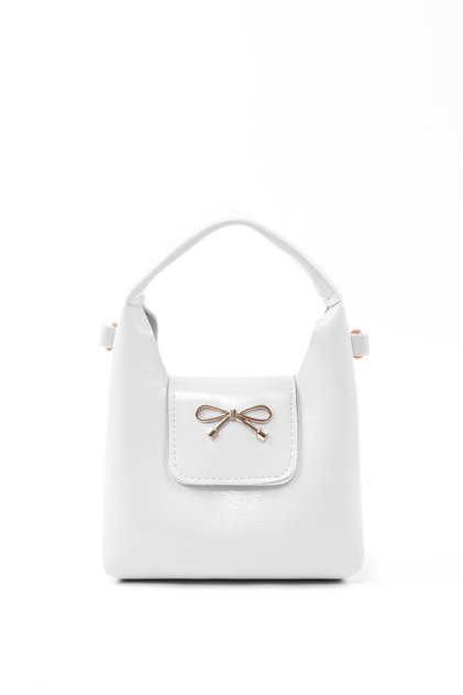 Wrinkled Textured White Shk214 Bow Detail, Single Compartment with Snap Fasteners, Crossbody Strap Hand, Arm and Shoulder Bag