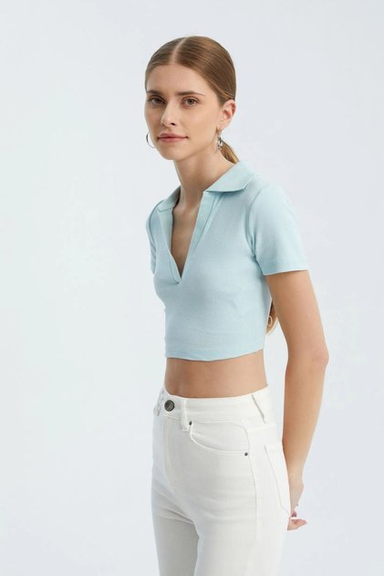 V Yakalı Polo Crop Top