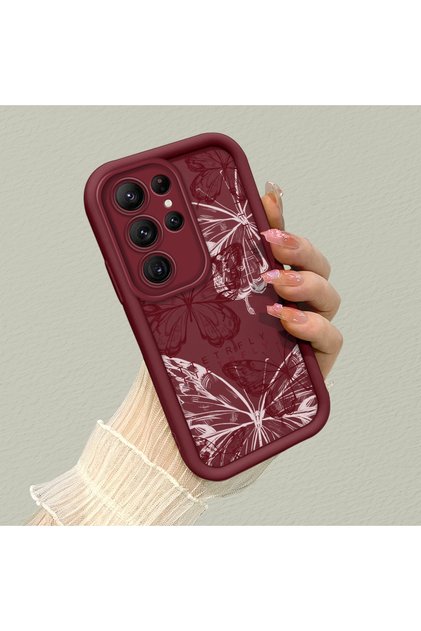 Samsung Galaxy S22 Ultra Burgundy Butterfly Silicone Case Camera Protection Shock Absorption Comfortable Grip