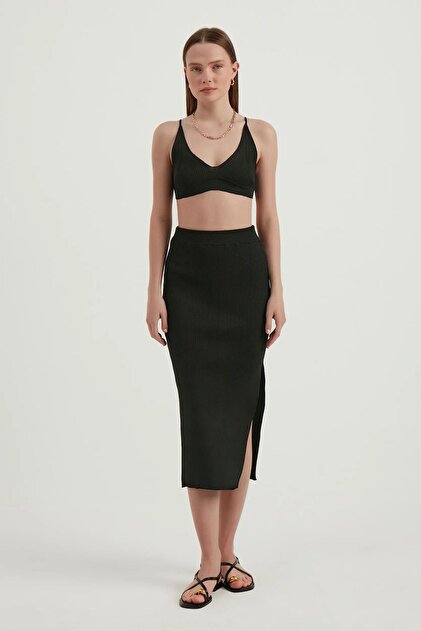 2 Pieces: V-Neck Crop Top & High-Waisted Maxi Skirt with Side Slits