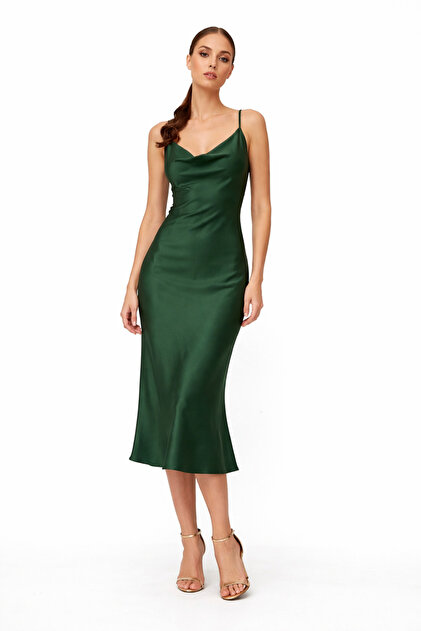 codemark Women's Dark Green Thin Strap Degaje Collar Satin Midi Dress- Trendyol codemark Women's Dark Green Thin Strap Degaje Collar Satin Midi Dress- Trendyol
