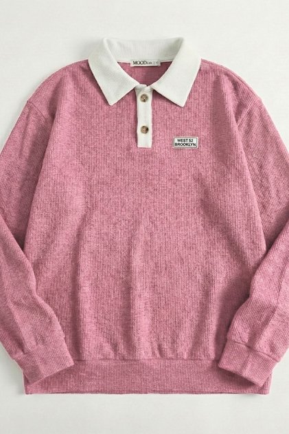 Polo Neck Buttoned Waffle Fabric Long Sleeve Sweatshirt