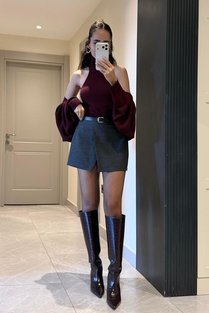 Füme Şortlu Mini Etek