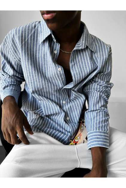 Men's Oversized Striped Shirt Linen Blend Comfortable Fit Long Sleeve New Season Italian Collar Shirt