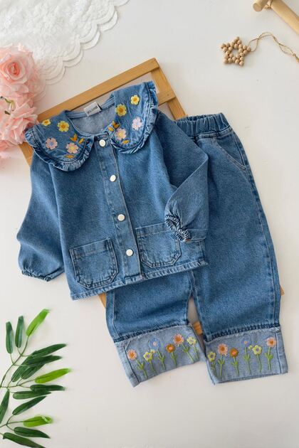 My Little Girl's Cicileri Paça Daisy Embroidery Detailed Girl's Denim Jeans 2-Piece Set - Blue
