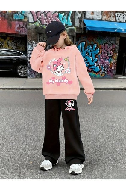 Children's New Stitch Printed Hooded Sweatshirt Flared Tracksuit Set