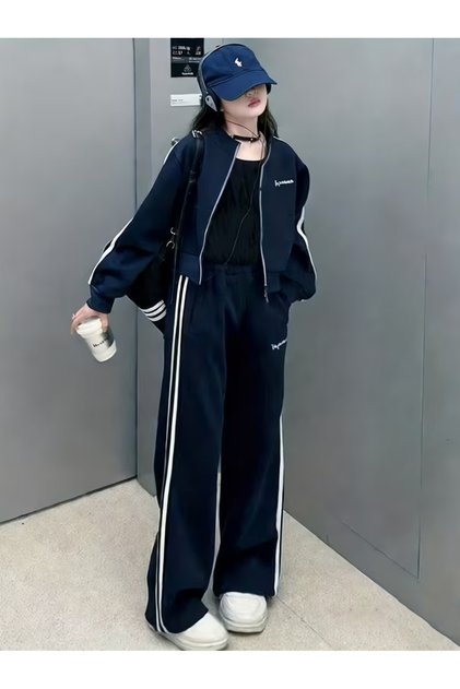Children's Writing Printed Stripe on the Sides Mock Neck Zippered Cardigan Wide Leg Tracksuit Set