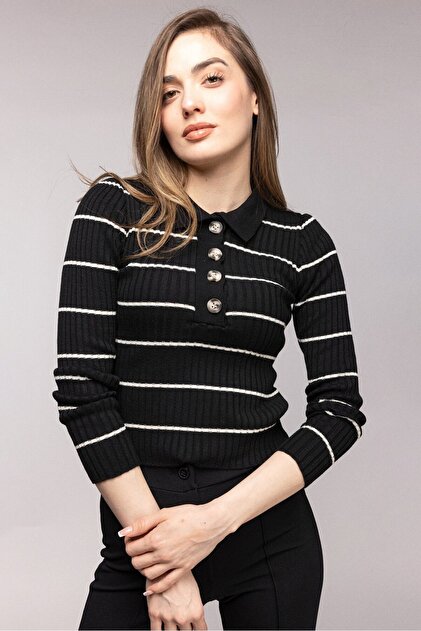 Black Striped Polo Neck Buttoned Corded Fabric Knitwear Blouse - Three Quarter Sleeve