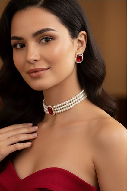 Cam İncili Gold Kaplama Kırmızı Baget Taşlı Tasma Choker Kolye Özel Tasarım Kolye Kolye Set Küpe Takım 2,5 cm
