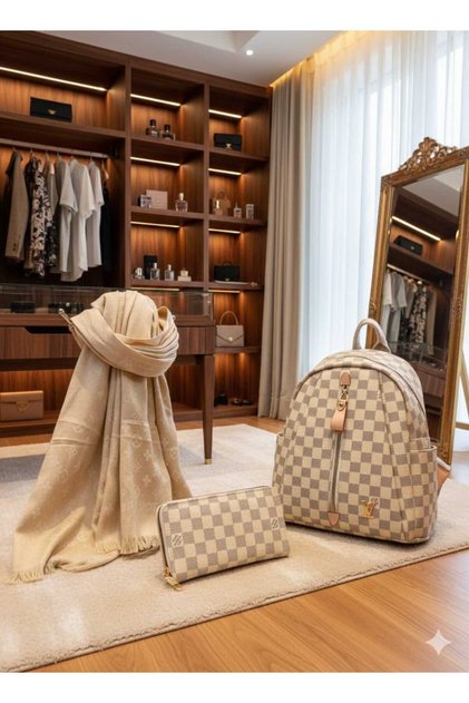 Women-Girls Lv Pattern 3-Piece Set (Backpack+Wallet+Scarf)