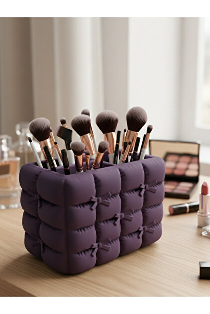 Three-Compartment Aesthetic Bow & Diamond Pattern Makeup Organizer – Brush Holder and Makeup Organizer